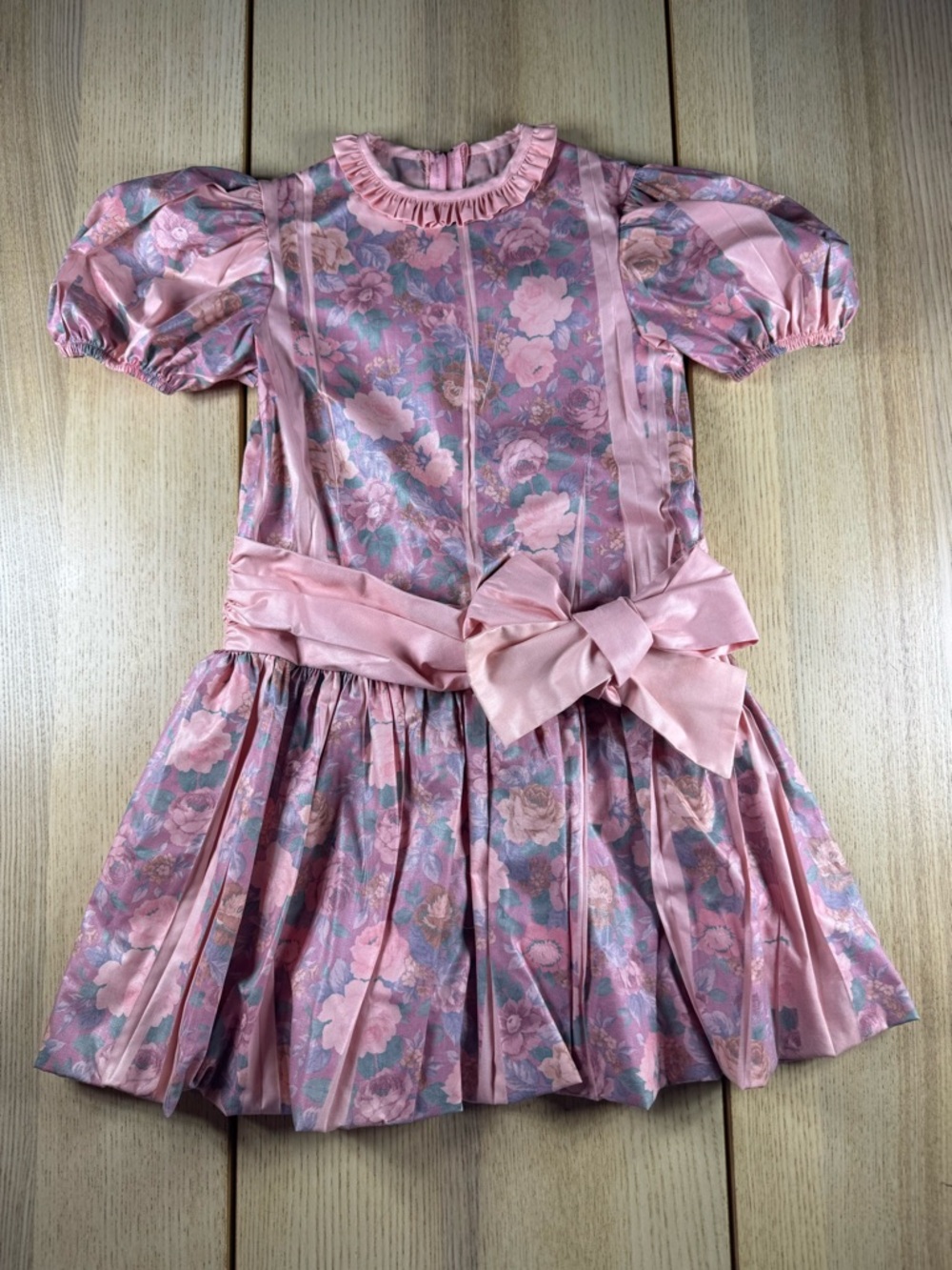 Vintage Girls' cottagecore Pink Floral Bow Dress 6